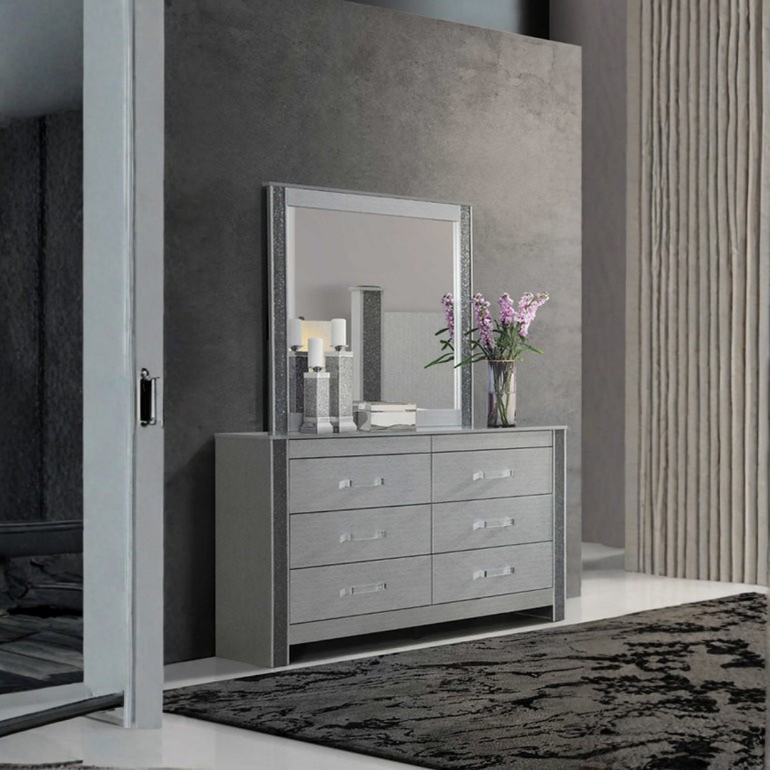 Celestia – Commode 6 tiroirs avec miroir – Cristal argenté