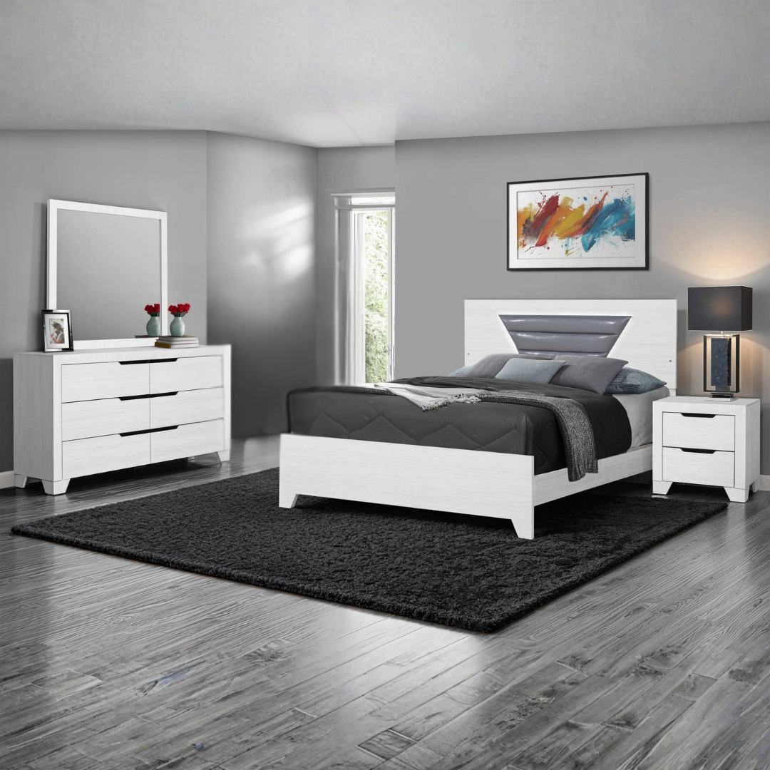 Ensemble chambre Lumera queen 6 pièces blanc PU avec tête de lit LED intégrée – Bonito Montréal