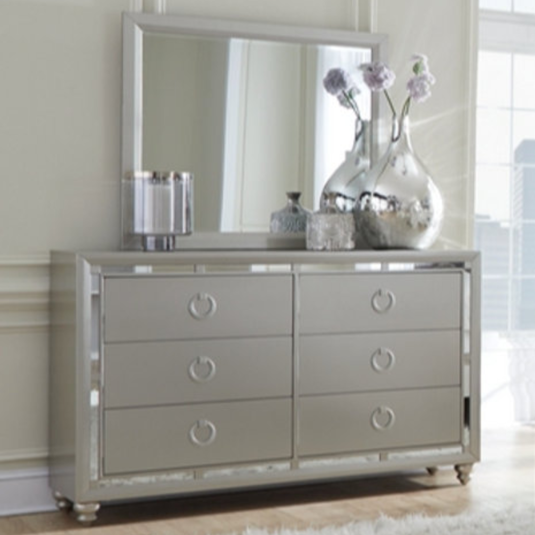 Commode Silvara à 6 tiroirs avec miroir – Finition argentée