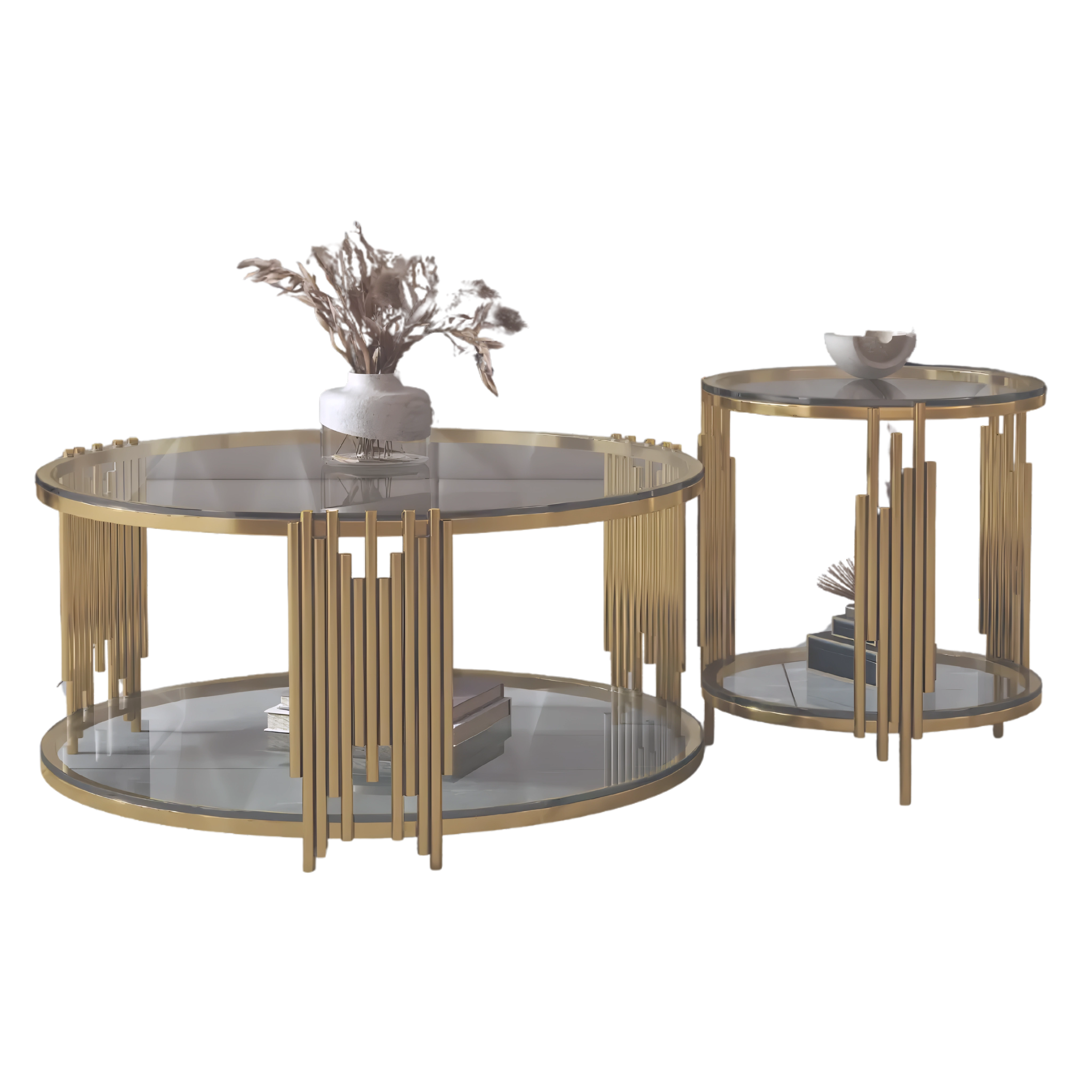 Lurevia – Table basse et table d'appoint en verre – Cadre doré