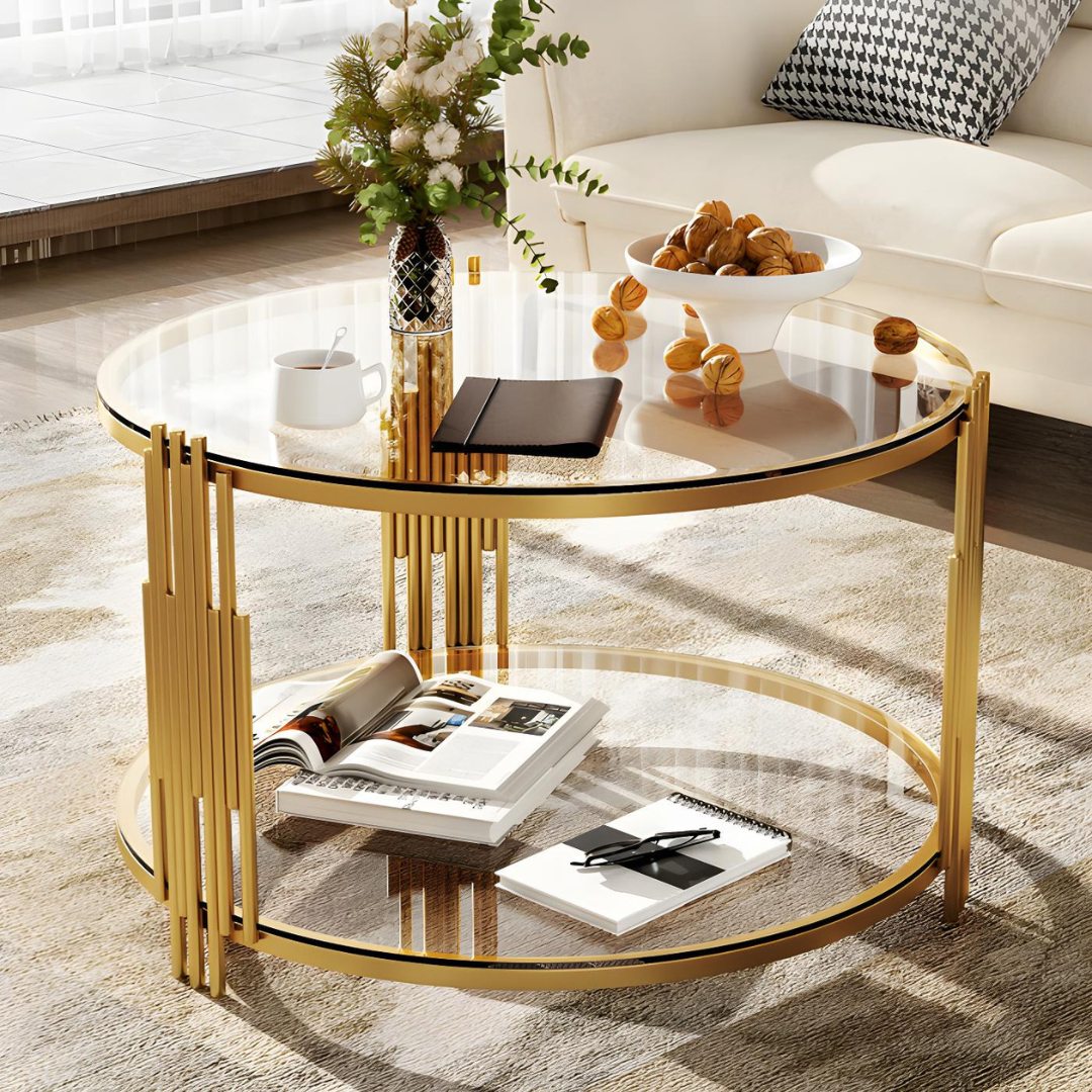 Lurevia – Table basse et table d'appoint en verre – Cadre doré