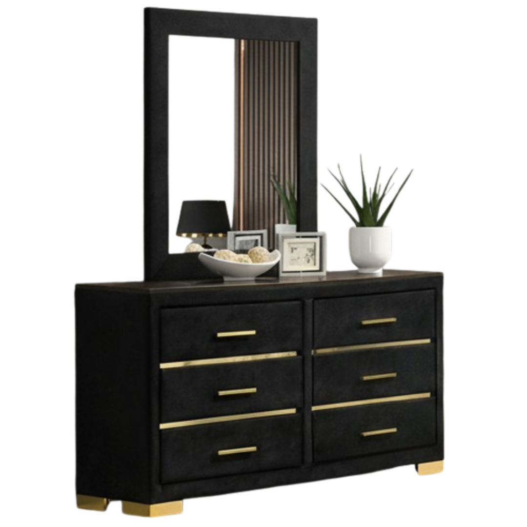 Commode Velora 6 tiroirs velours noir avec miroir et pattes dorées – style glamour – Bonito Montréal