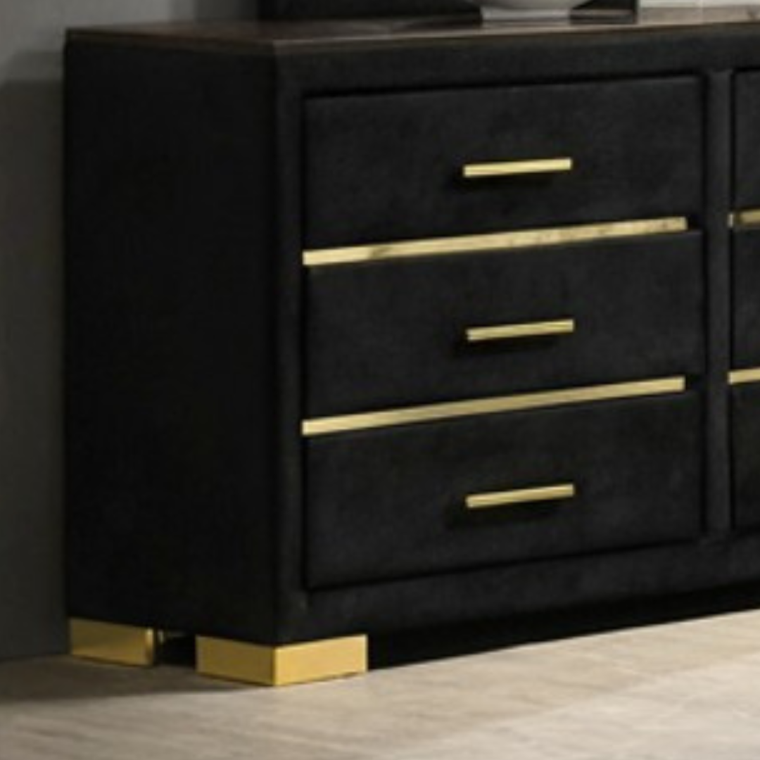 Commode Velora 6 tiroirs velours noir avec miroir et pattes dorées – style glamour – Bonito Montréal