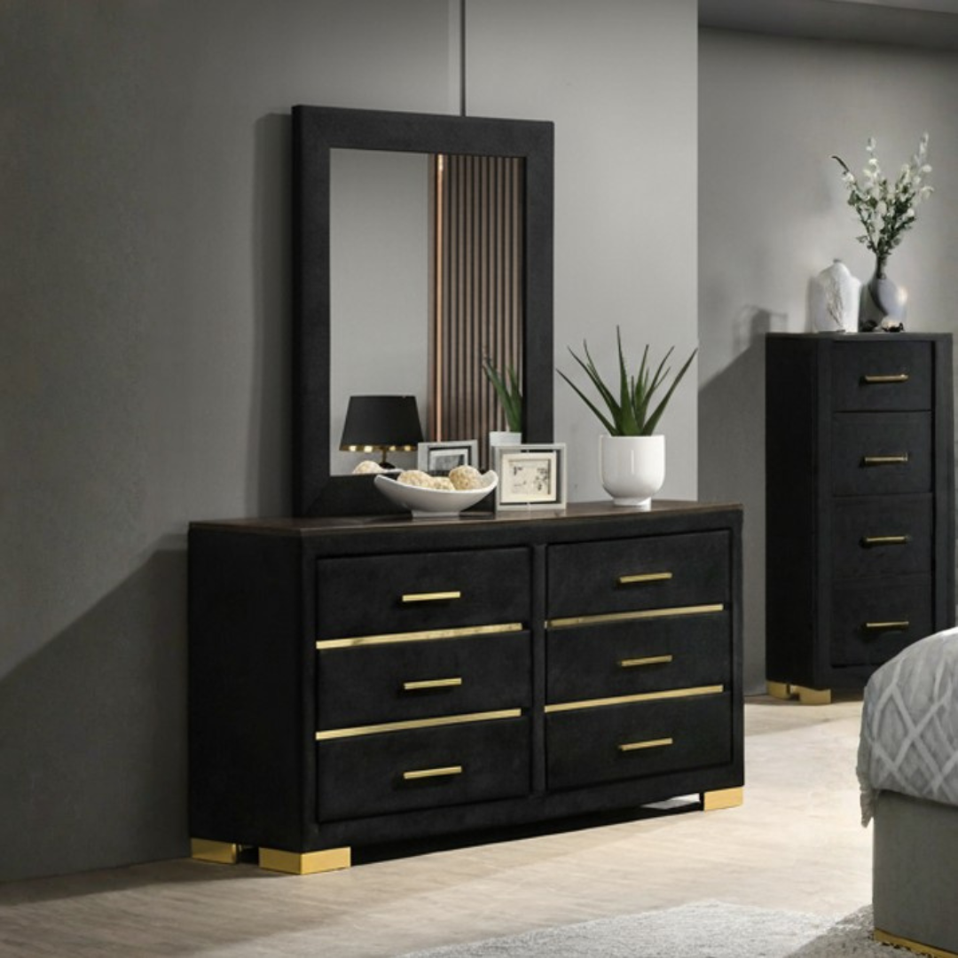 Velora – Commode 6 tiroirs avec miroir – Velours noir