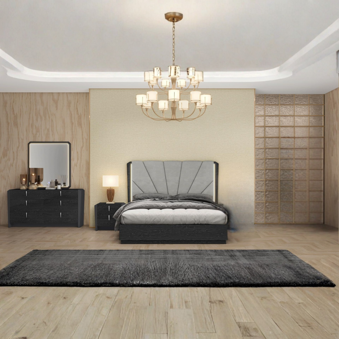 Ensemble chambre queen Manverra 6 pièces gris noyer avec tête de lit LED et rangement hydraulique – Montréal