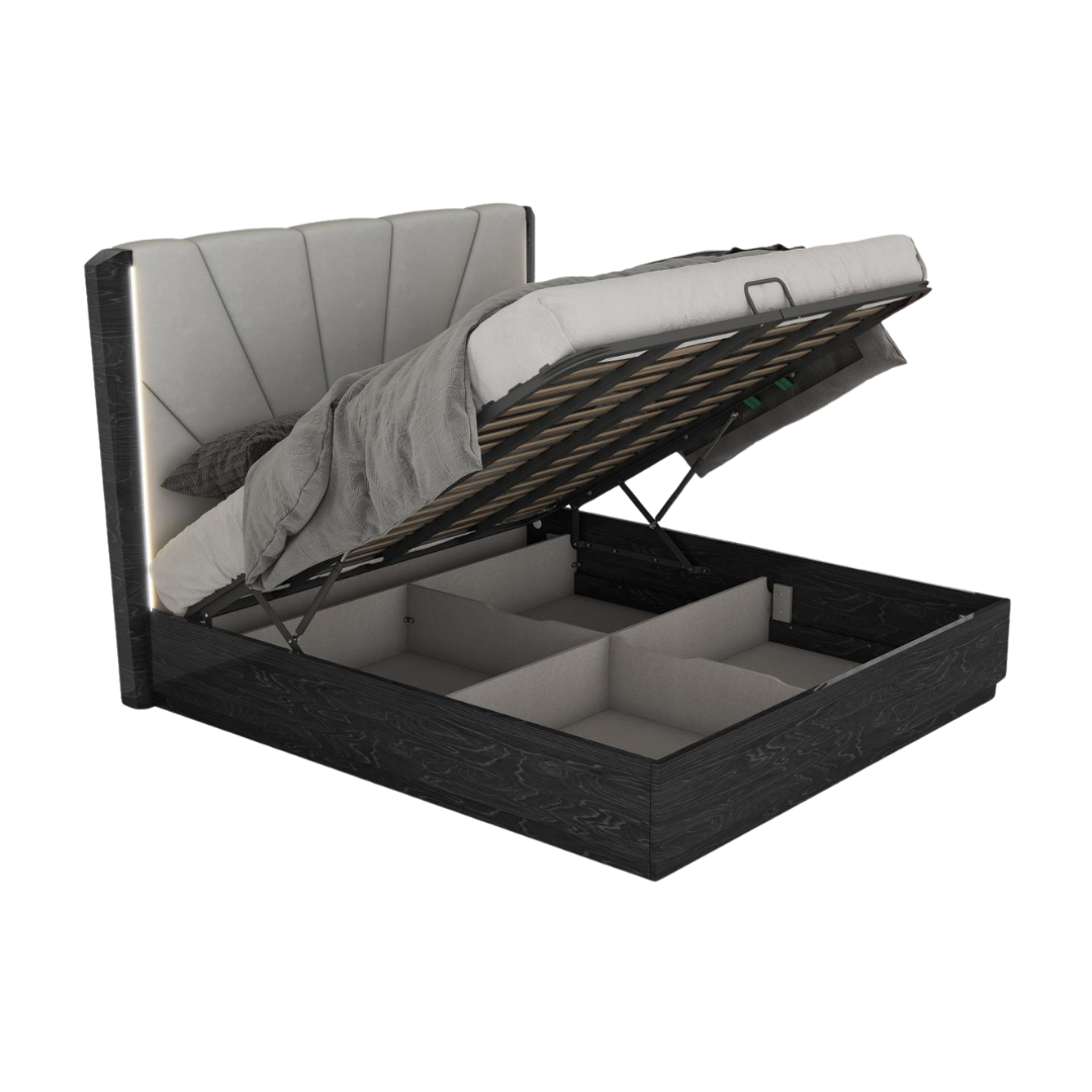 Ensemble chambre queen Manverra 6 pièces gris noyer avec tête de lit LED et rangement hydraulique – Montréal