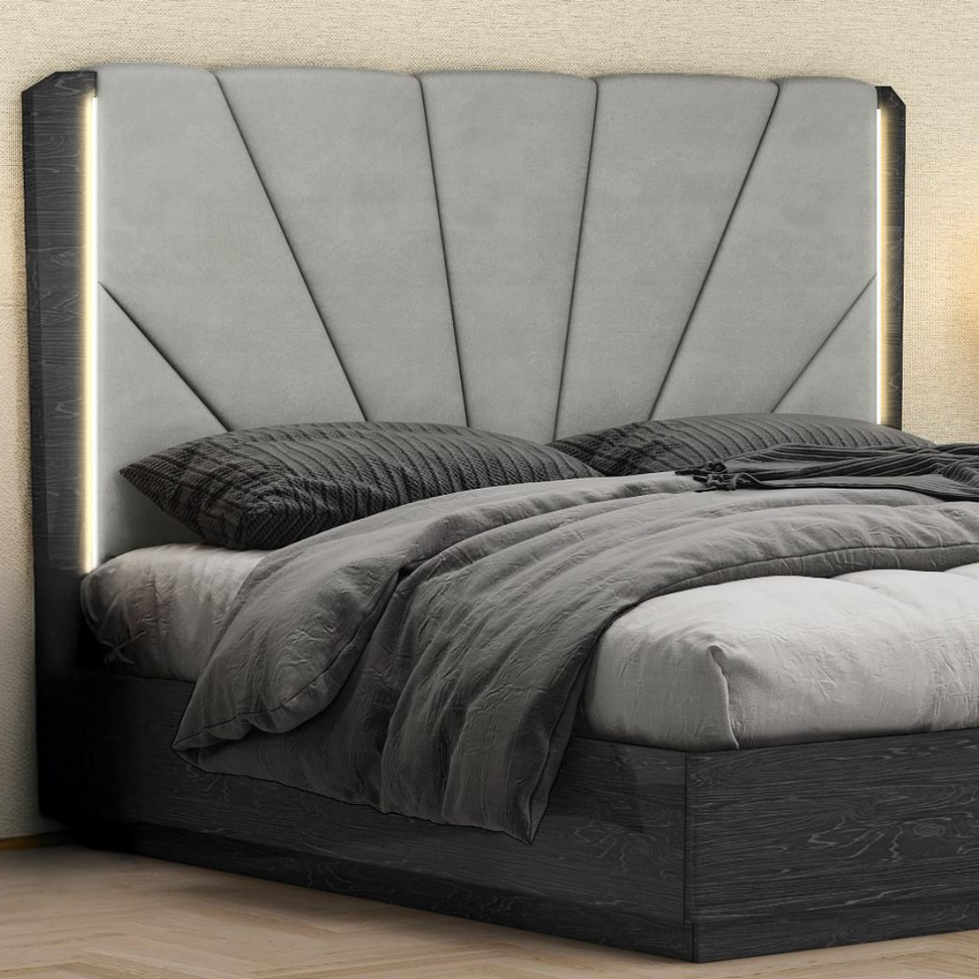 Ensemble chambre queen Manverra 6 pièces gris noyer avec tête de lit LED et rangement hydraulique – Montréal