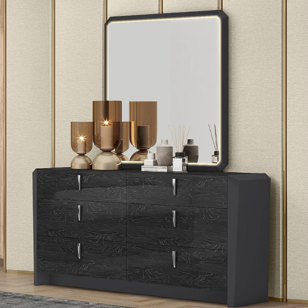 Ensemble chambre queen Manverra 6 pièces gris noyer avec tête de lit LED et rangement hydraulique – Montréal