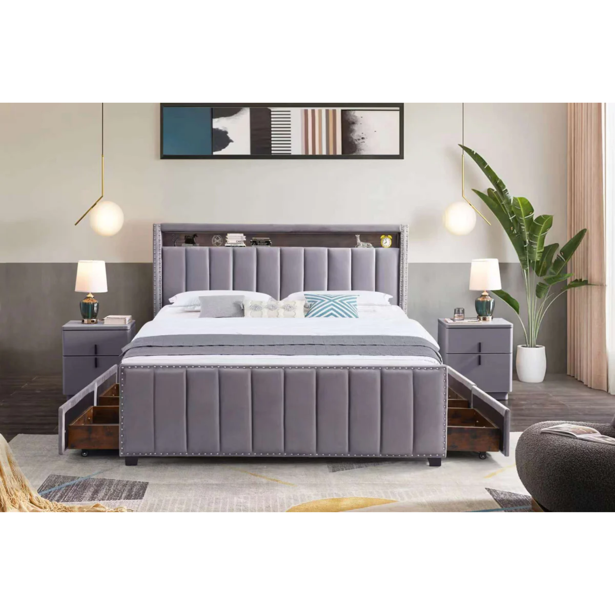 King Bed - MARK - Upholstered Bed Frame Velvet  with Storage & USB Ports
