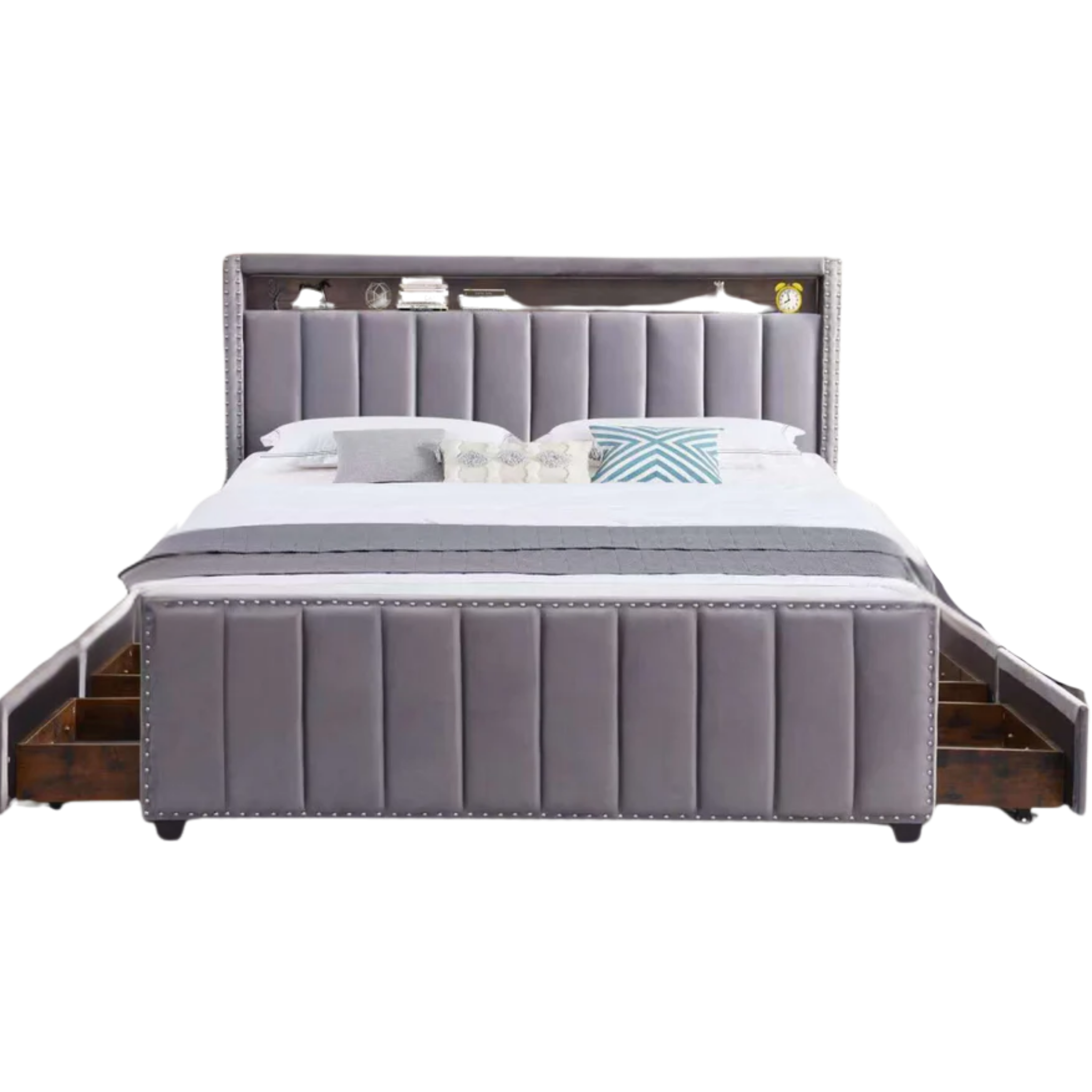 King Bed - MARK - Upholstered Bed Frame Velvet  with Storage & USB Ports