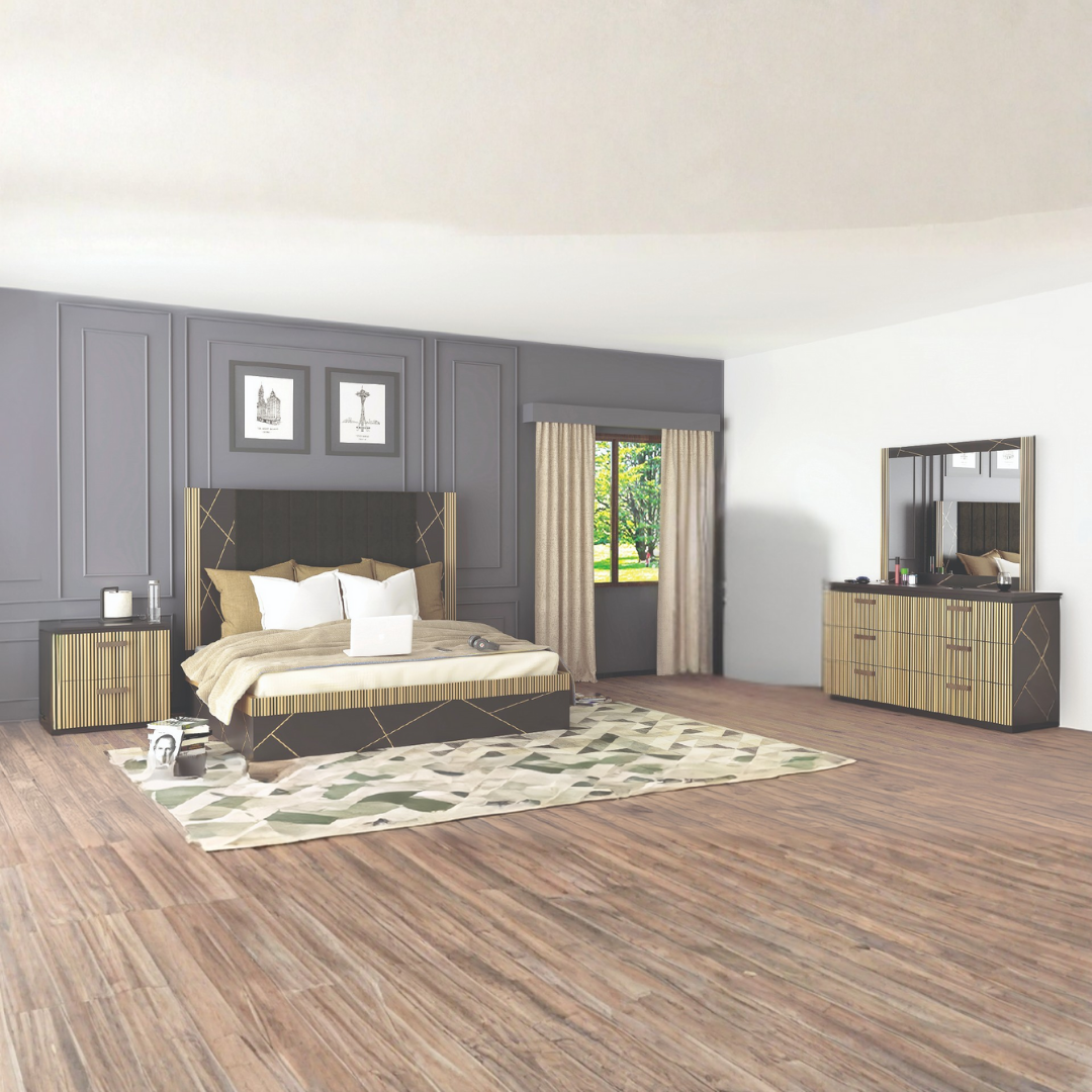 Ensemble chambre queen Marquess 6 pièces noir or brossé bois de manguier massif – Bonito Montréal
