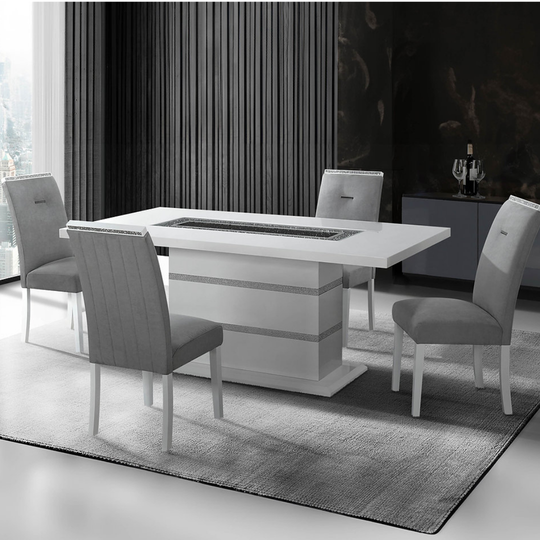 Verona – Ensemble de salle à manger – Blanc laqué / Velours gris