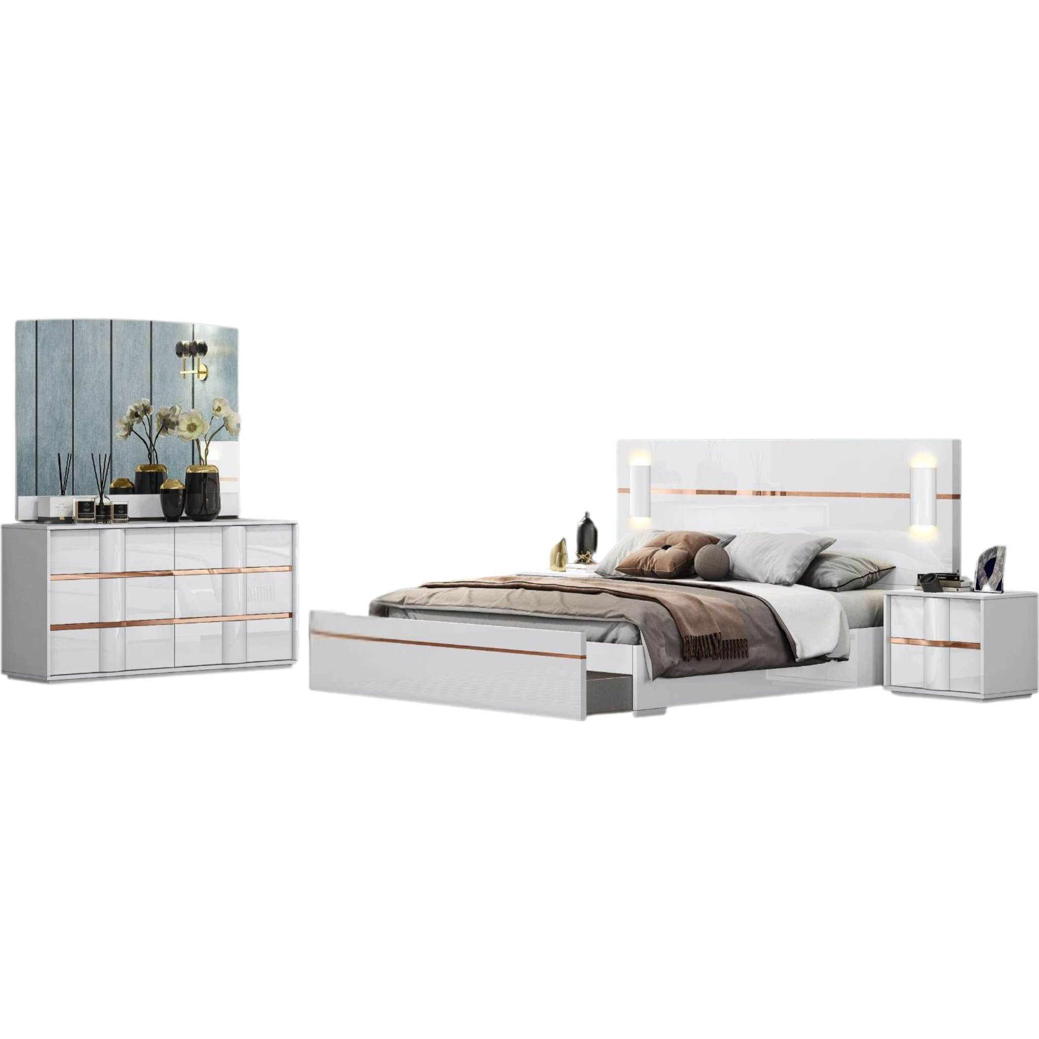 Queen Bedroom Set - Munich White and Gold with LED Headboard & Footboard Storage