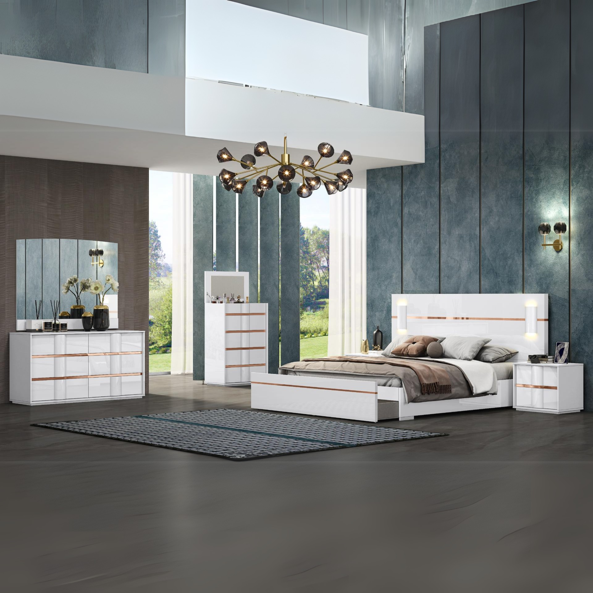 King Bedroom Set - Munich White and Gold with LED Headboard & Footboard Storage