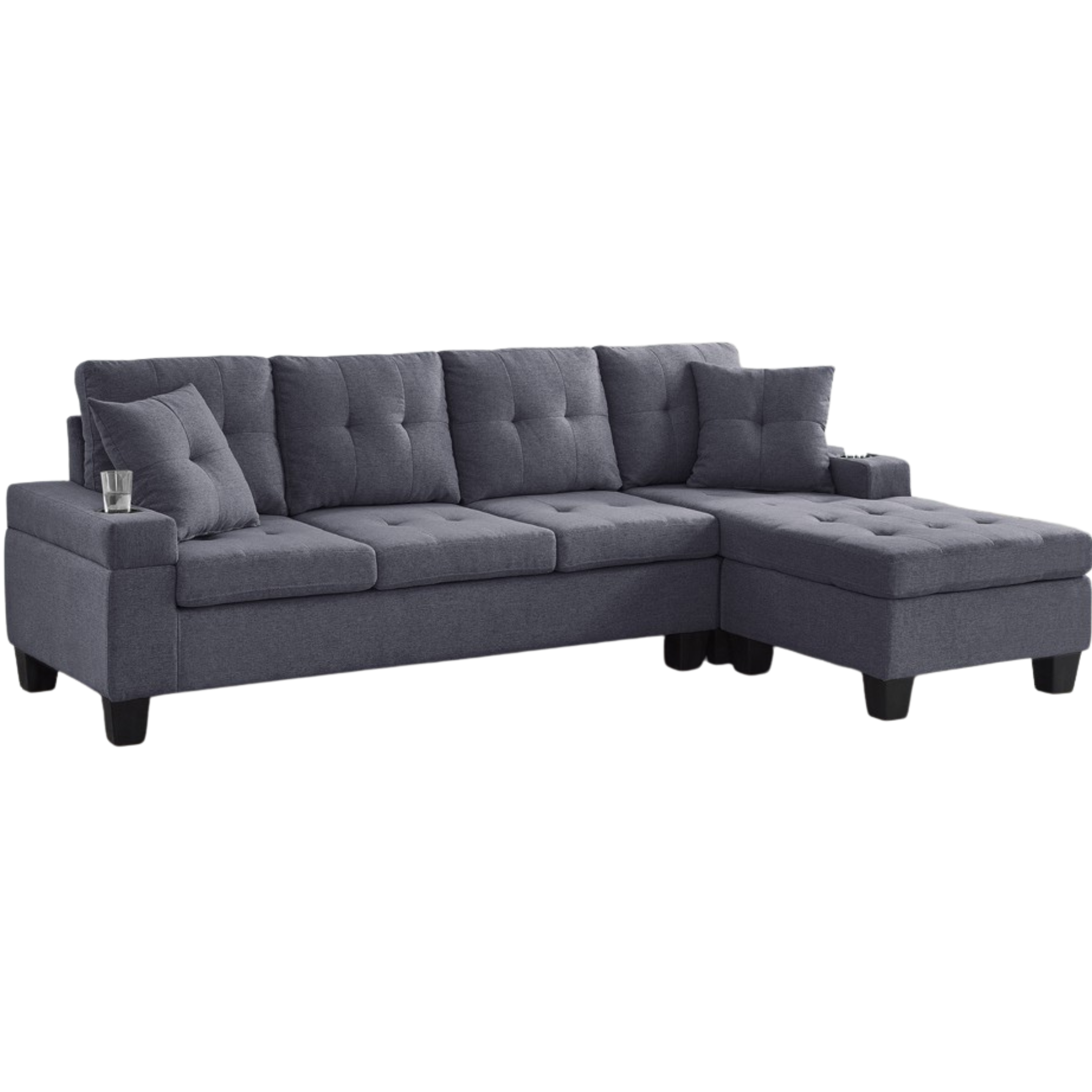 Canapé sectionnel – Cutie avec compartiment de rangement relevable et porte-gobelets – Gris