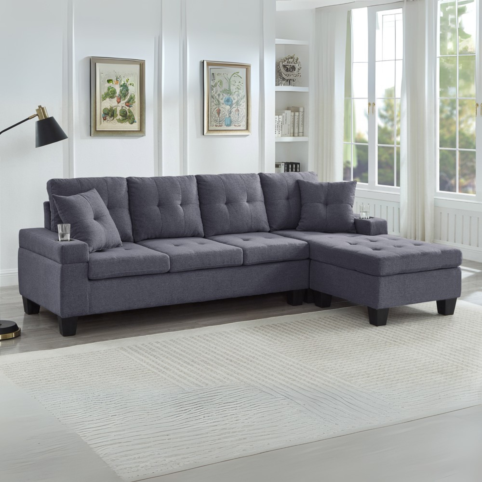 Canapé sectionnel – Cutie avec compartiment de rangement relevable et porte-gobelets – Gris