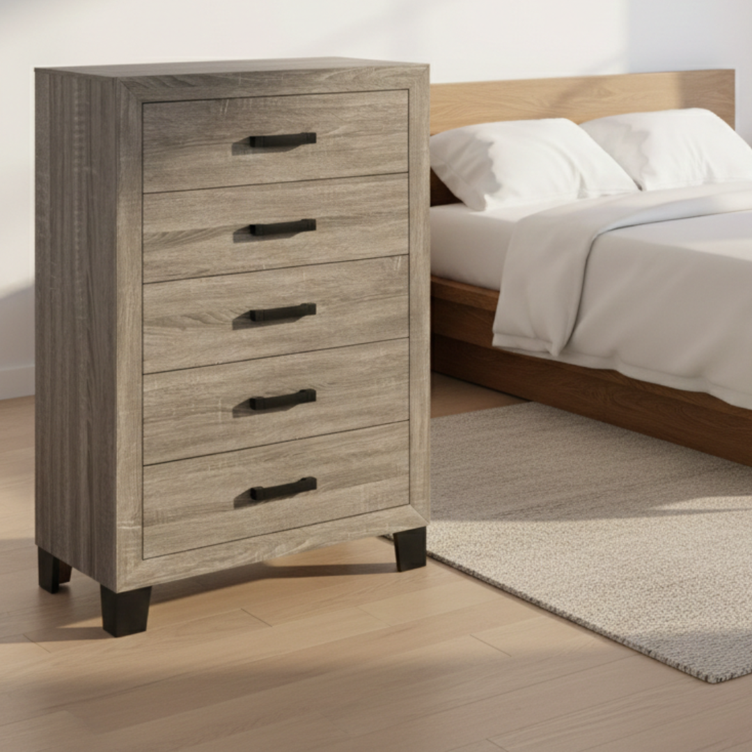 Stonebrook – Commode à 5 tiroirs – Finition bois taupe