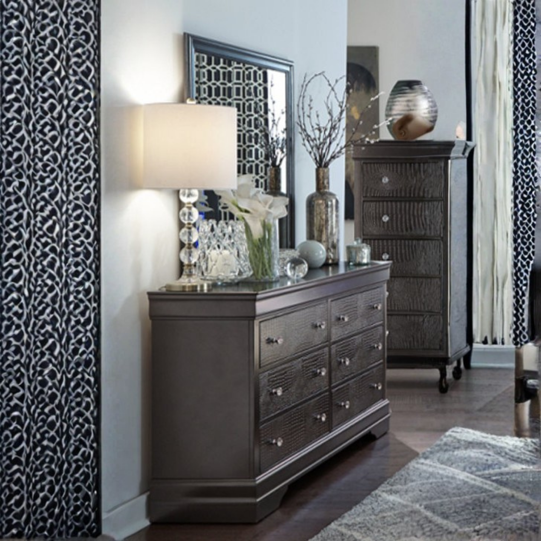 Aurelia – Commode 6 tiroirs avec miroir – Gris métallisé