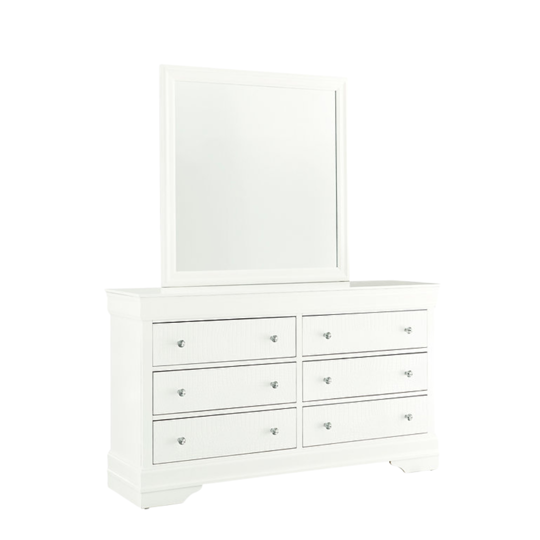 Aurelia – Commode 6 tiroirs avec miroir – Blanc métallisé