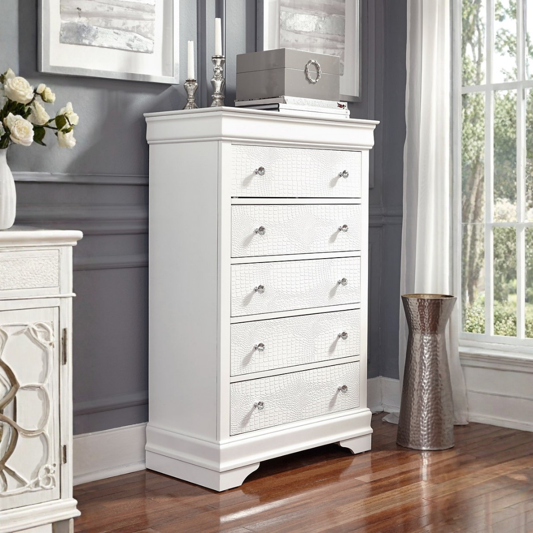 Commode Valencia à 5 tiroirs – Blanc métallisé