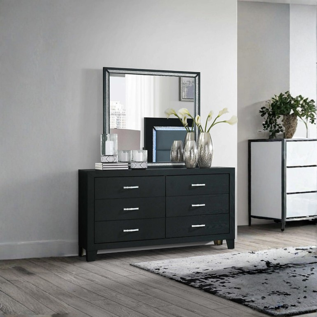 Obsidian – Commode à 6 tiroirs avec miroir – Noire avec accents de cristal