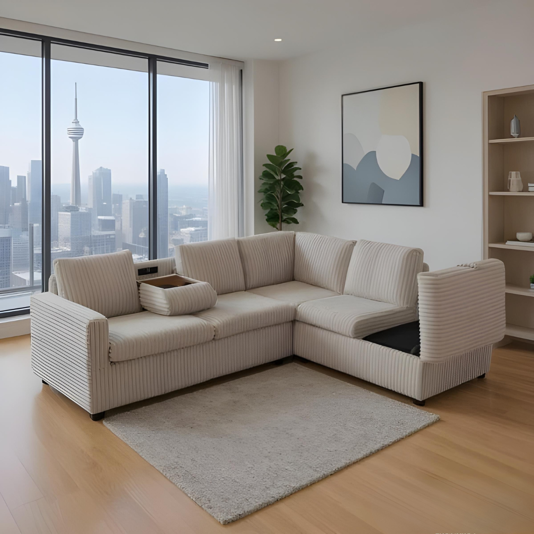 Rika – Canapé d'angle réversible avec rangement, porte-gobelets et prises électriques – Velours beige