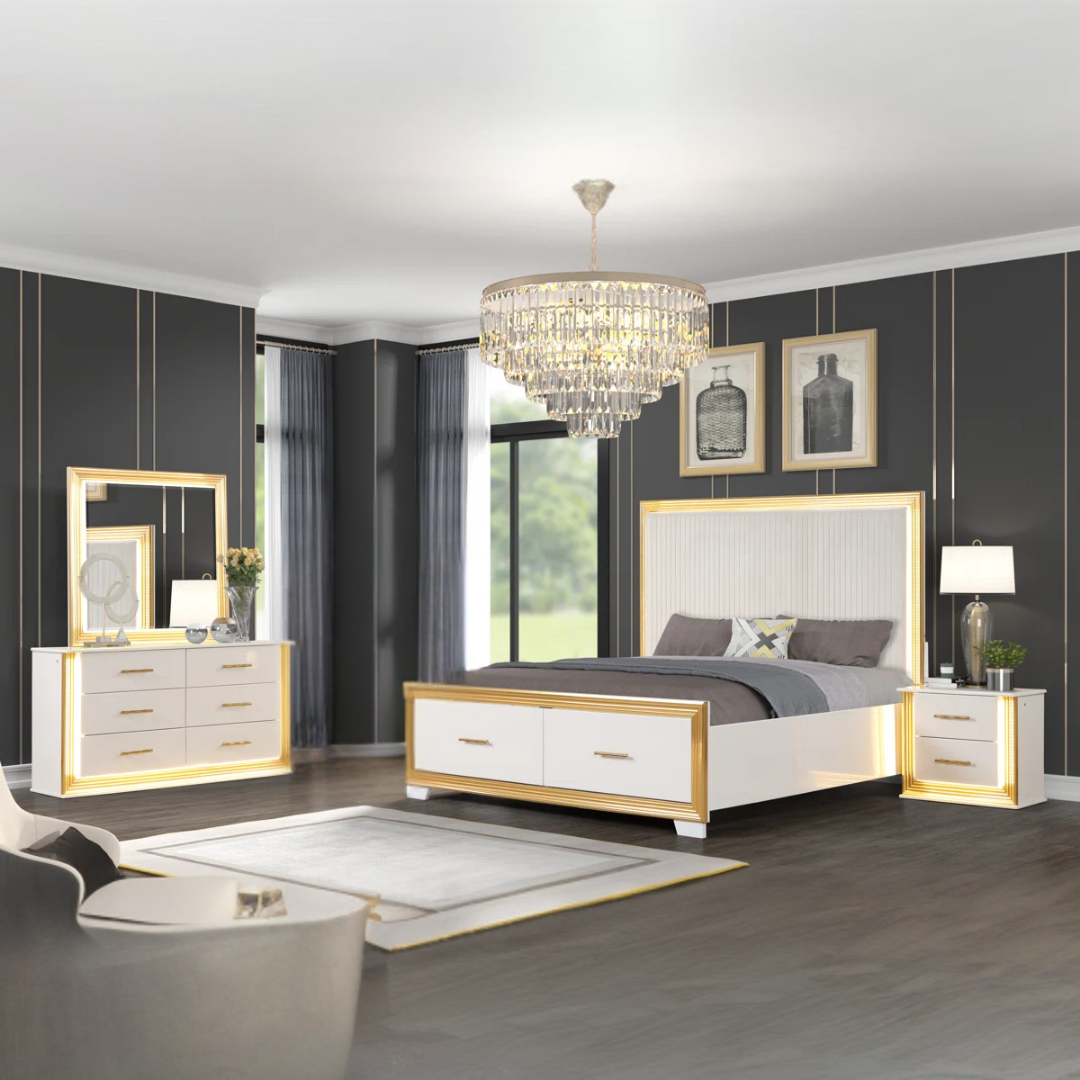 Rosaluxe – Ensemble de chambre à coucher – Grand lit – Blanc/Or rose