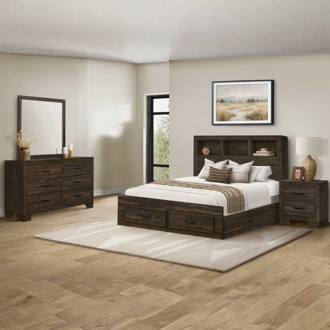 Ensemble chambre Rustello grand lit 6 pièces chêne rustique style farmhouse avec commode miroir et tables de chevet – Bonito Montréal