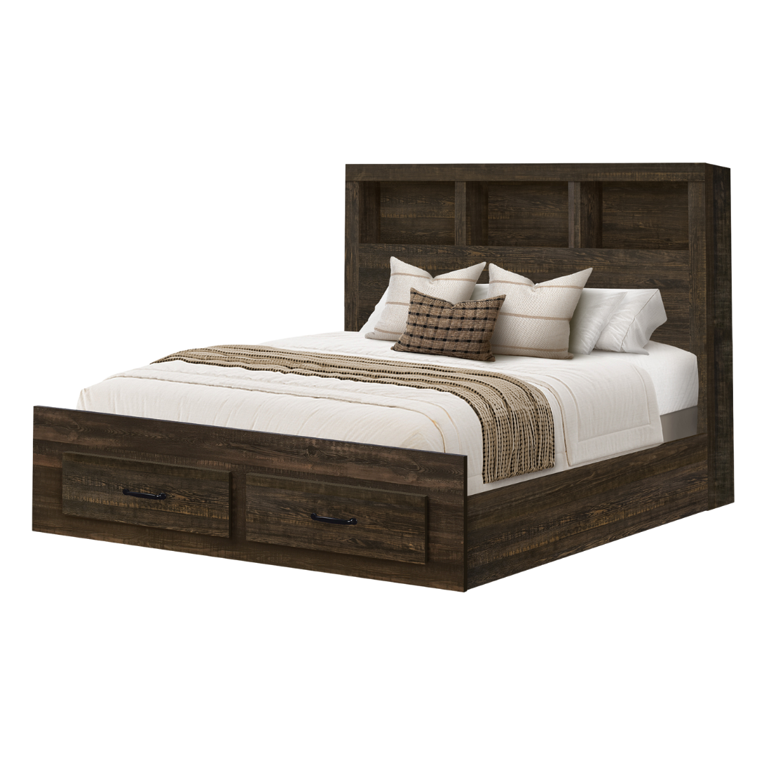 Ensemble chambre Rustello grand lit 6 pièces chêne rustique style farmhouse avec commode miroir et tables de chevet – Bonito Montréal