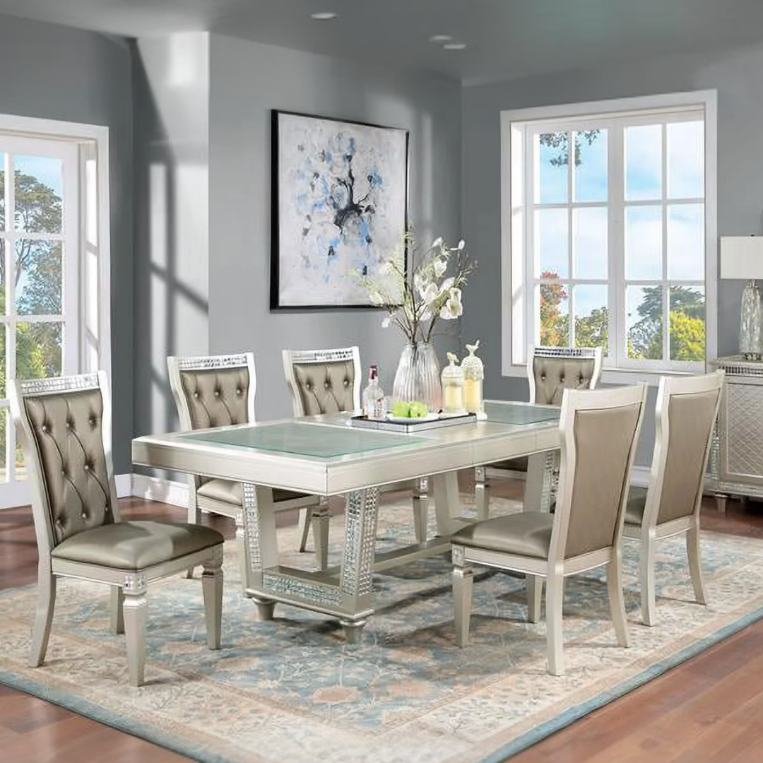 Atlas Rectangle – Ensemble de salle à manger rectangulaire – Finition champagne / Similicuir gris chaud