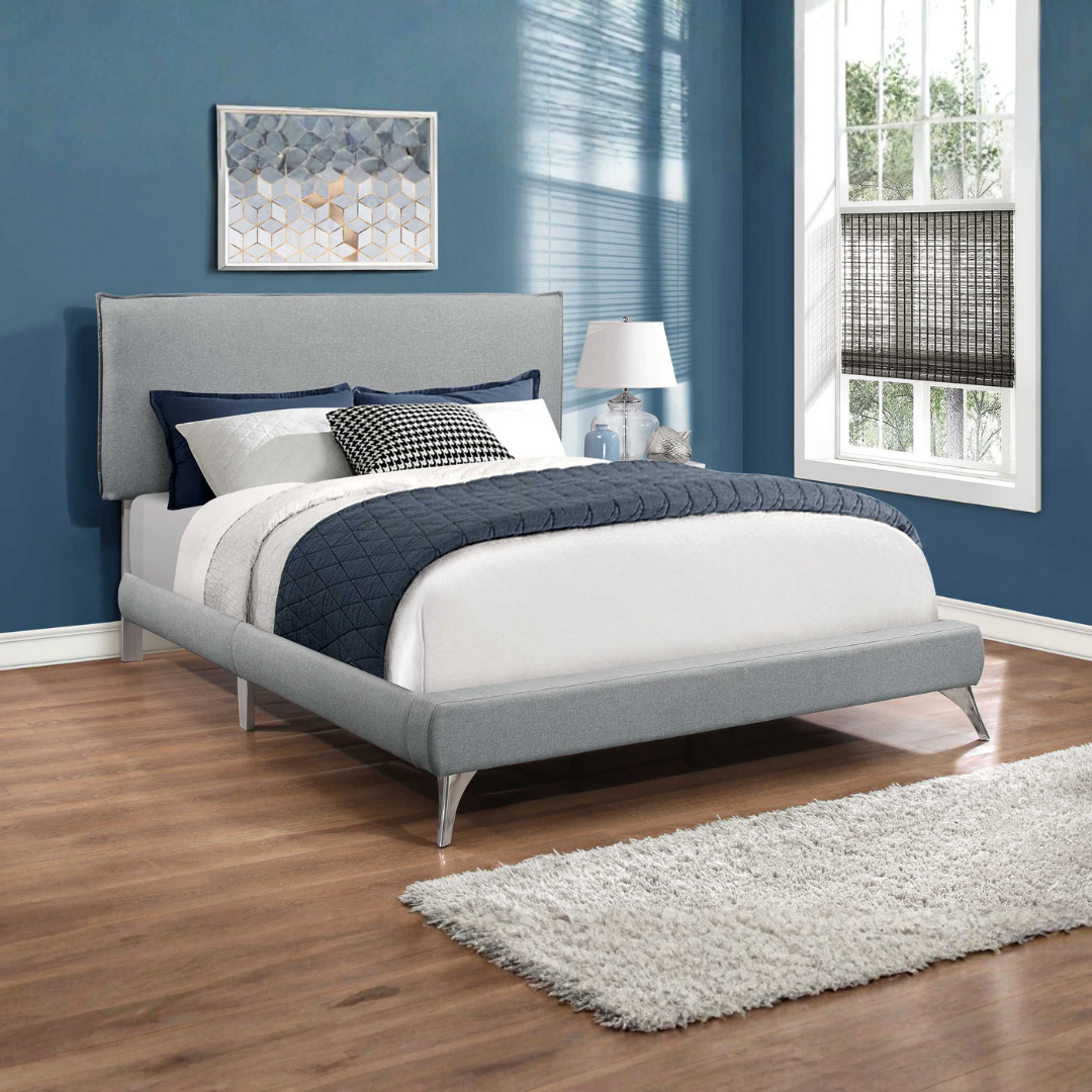 Silvano – Lit Queen – Tissu (Lin gris) + Pieds chromés