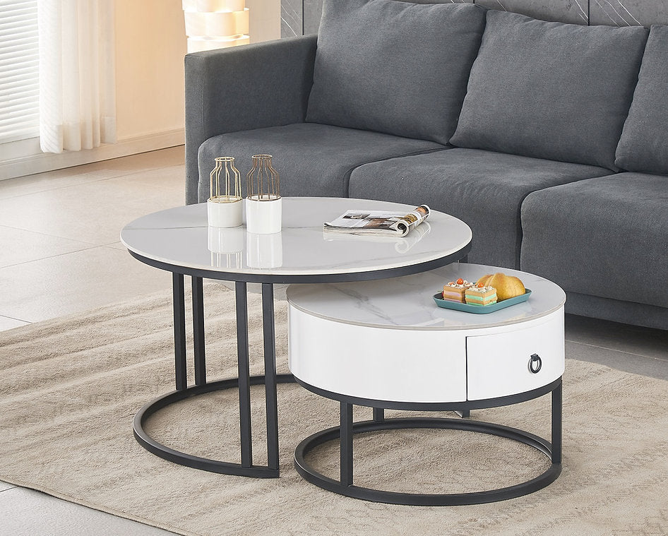 Ensemble de table basse 2 pièces en marbre blanc avec base en acier noir 2669