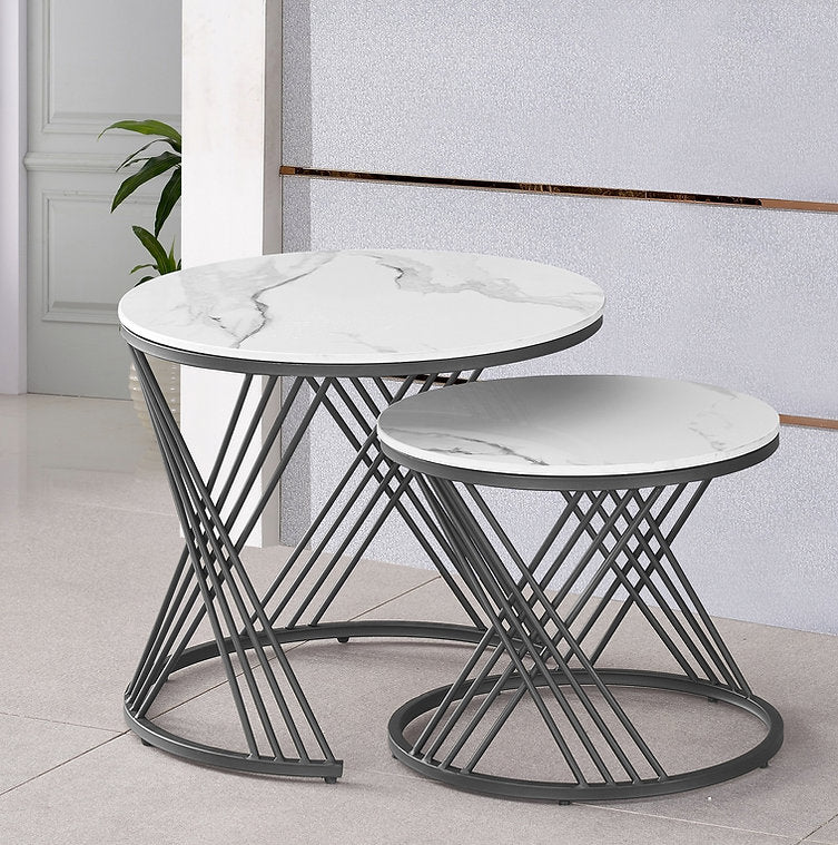 Table basse en pierre frittée et marbre blanc 2 pièces avec base en acier noir 2670