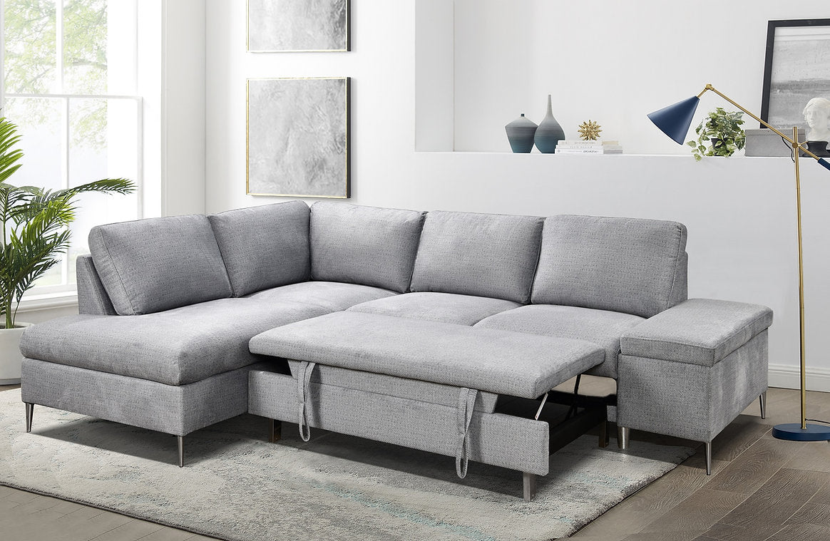 Soft Grey Fabric Sectional Sofa Bed With Lift-Up Storage Bench 9022