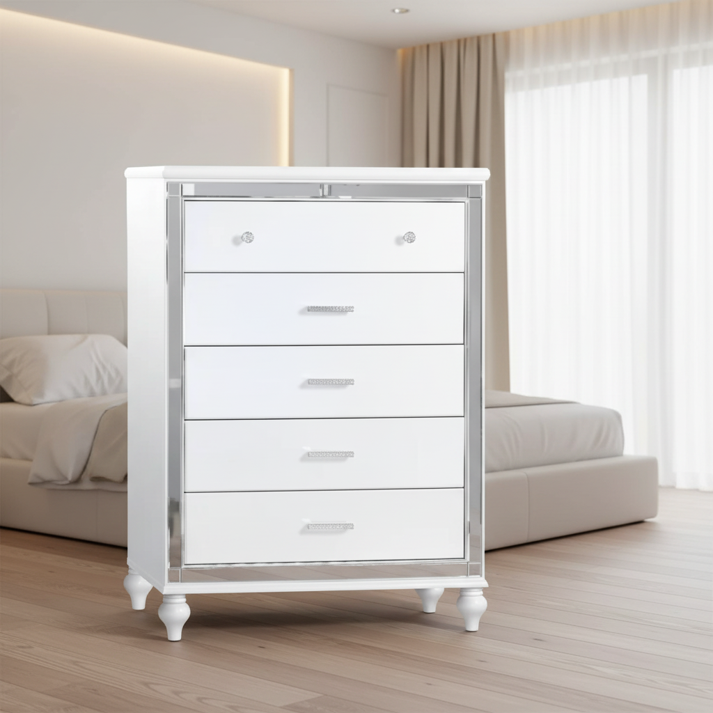 Glorova – Chiffonnier blanc glamour 5 tiroirs
