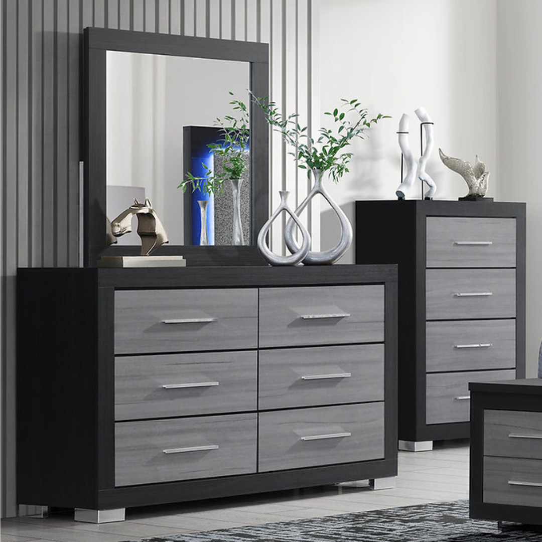 Cinera – Commode avec miroir grise et noire 6 tiroirs