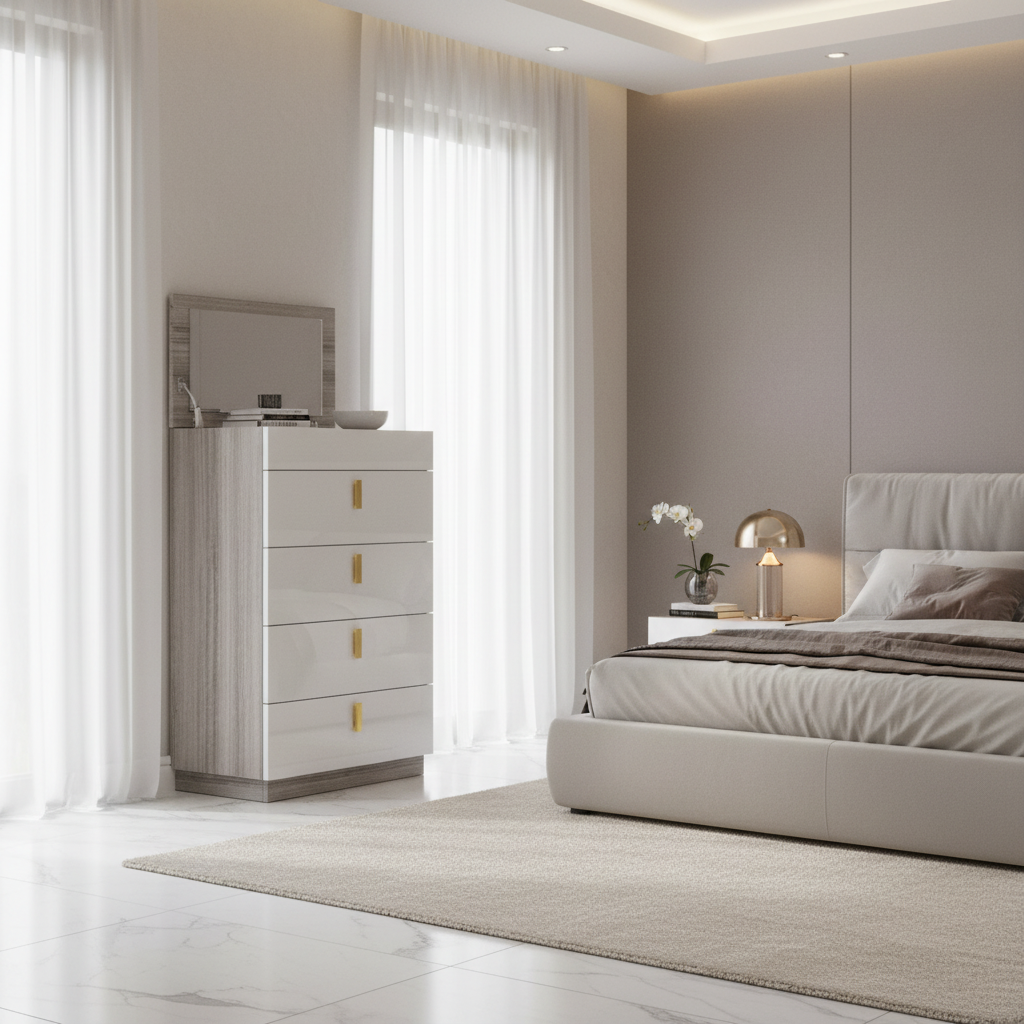Zelvana – Chiffonnier blanc et gris 5 tiroirs laqué