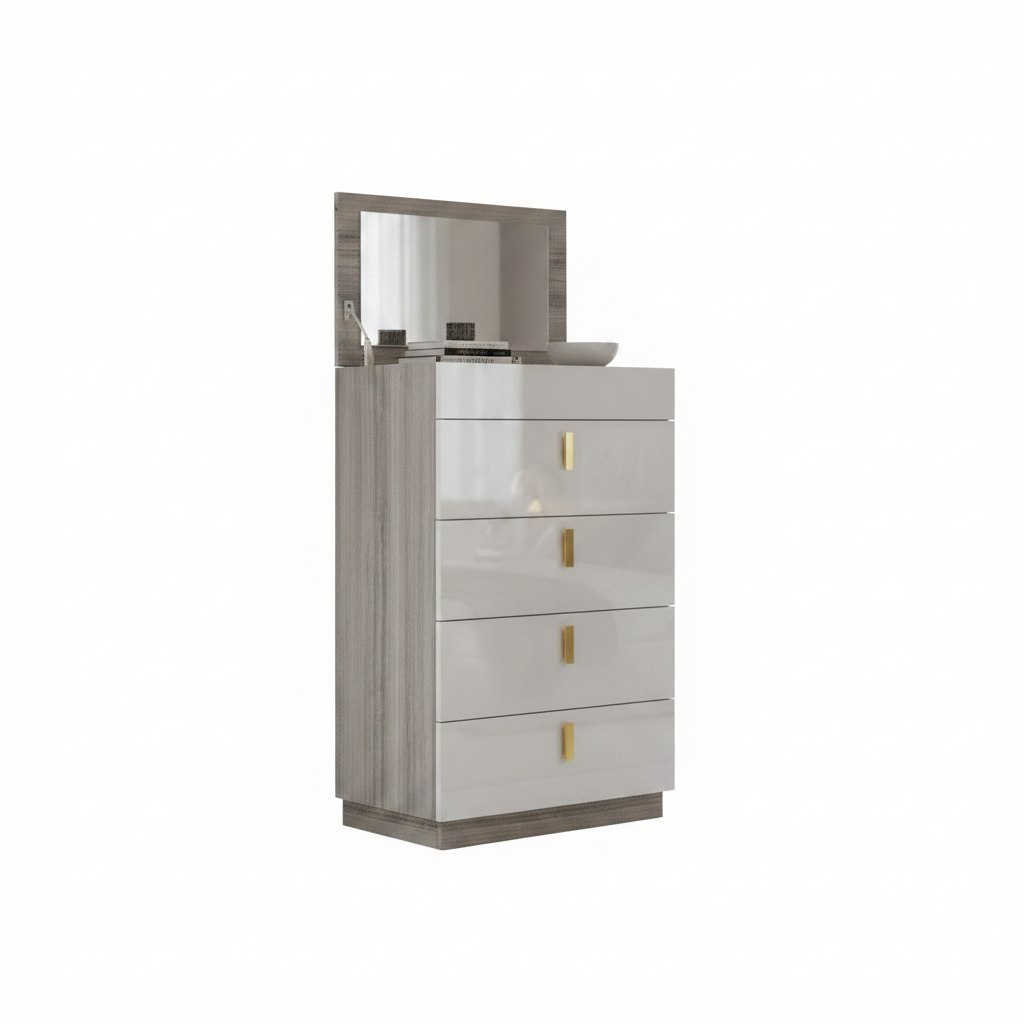 Zelvana – Chiffonnier blanc et gris 5 tiroirs laqué