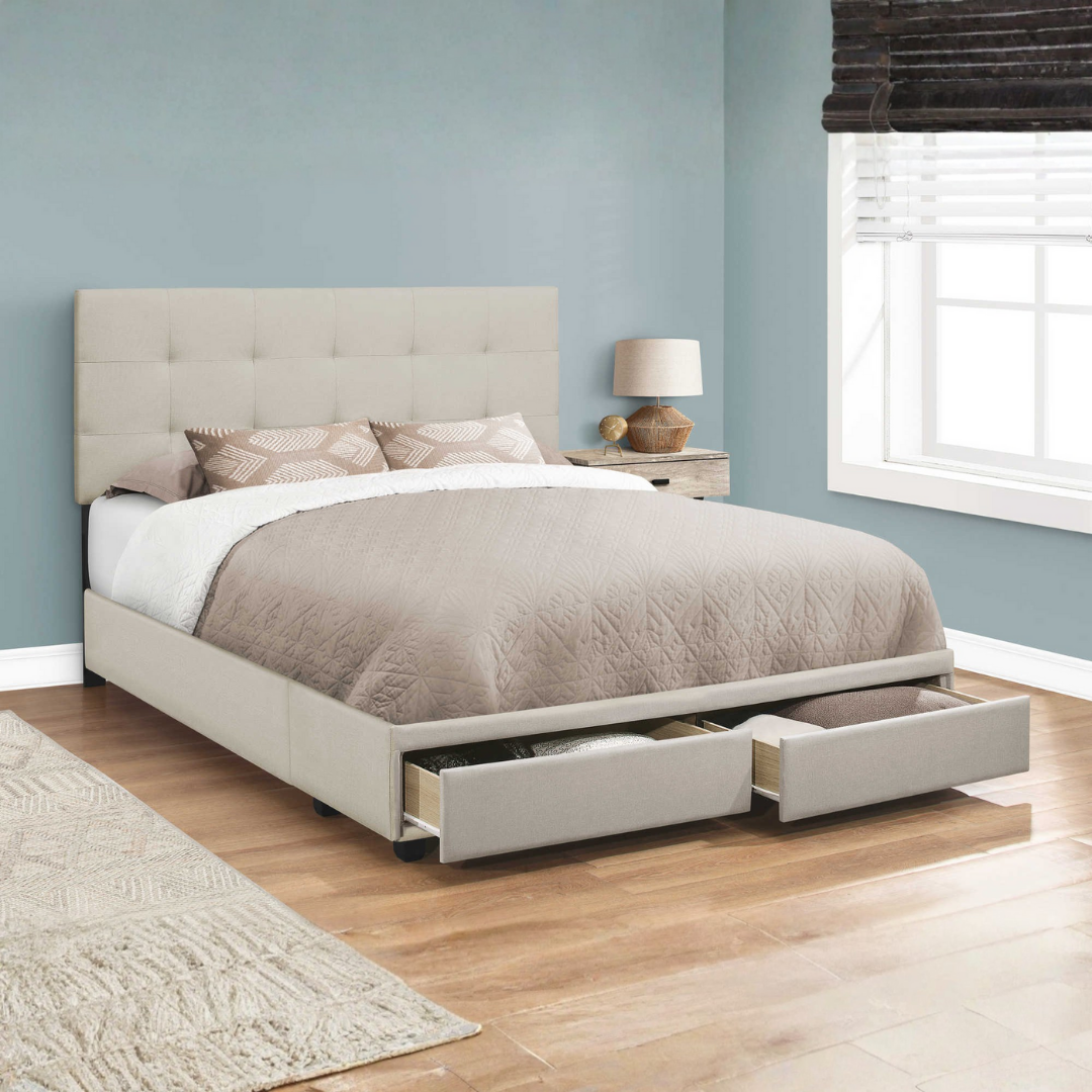 Storian – Lit Queen – Tissu (Lin beige) + 2 tiroirs de rangement