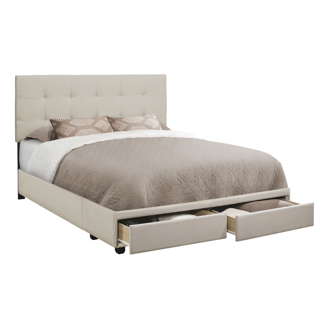 Storian – Queen Bed – Fabric (Beige Linen) + 2 Storage Drawers