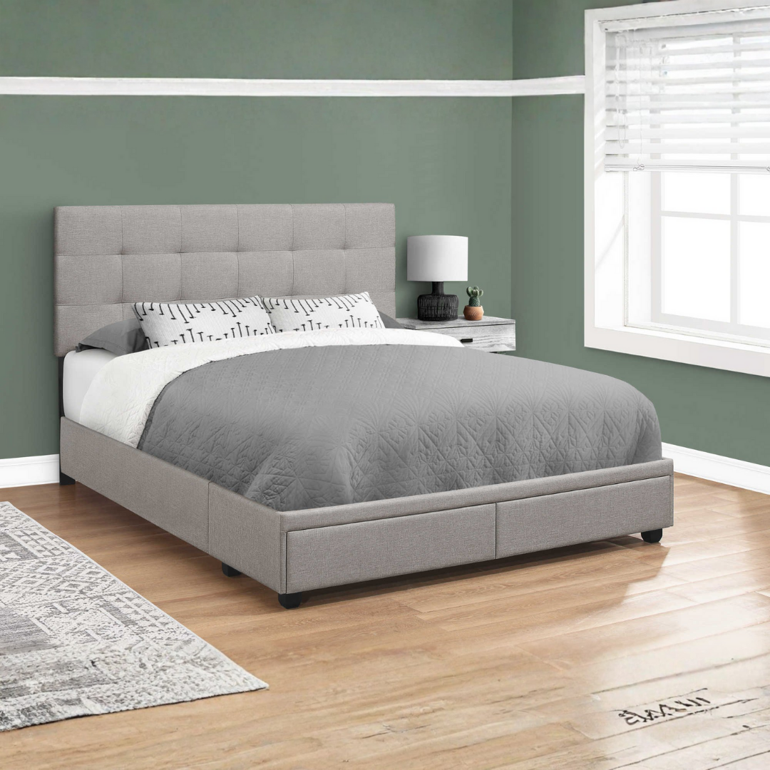 Storian – Lit Queen – Tissu (Lin gris) + 2 tiroirs de rangement