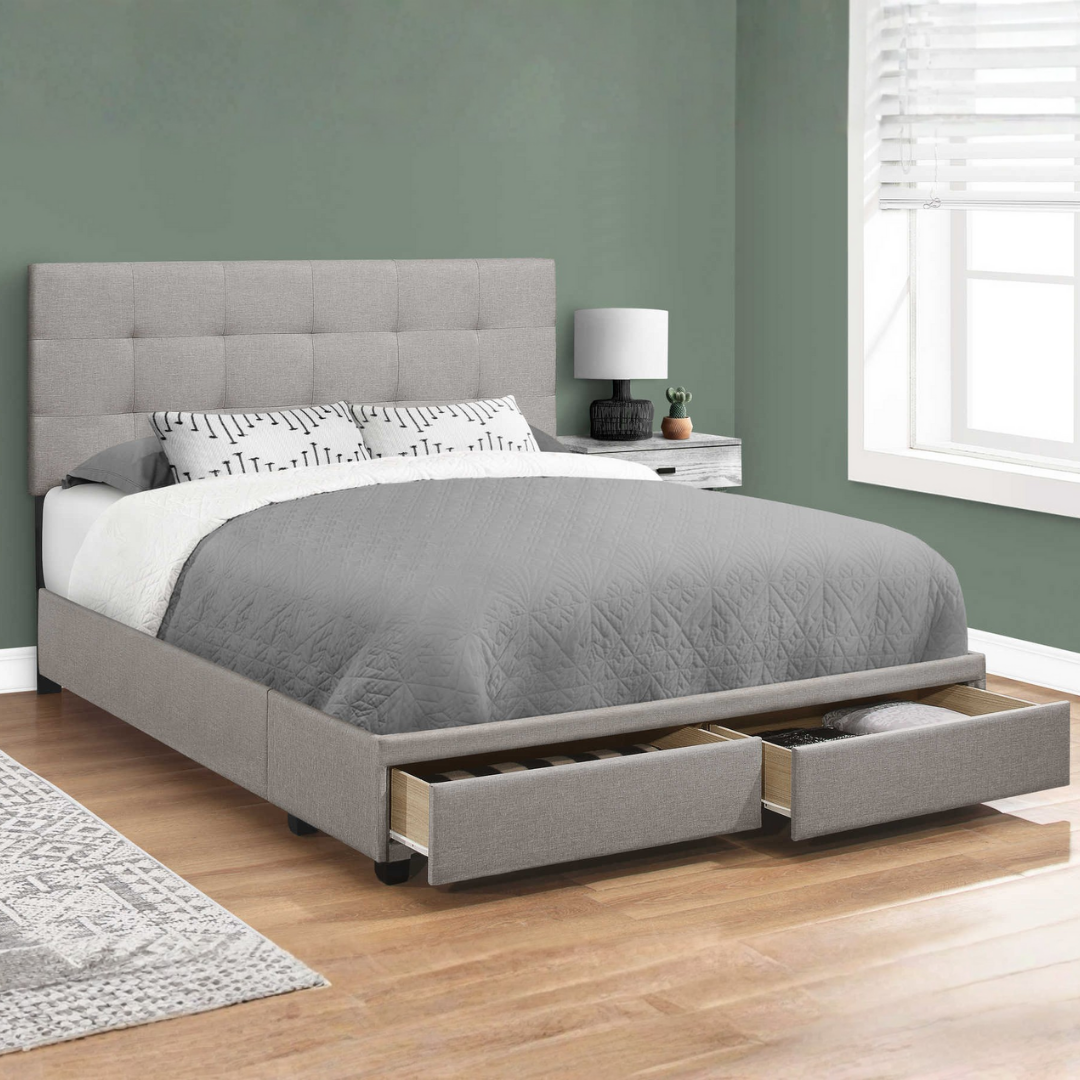 Storian – Lit Queen – Tissu (Lin gris) + 2 tiroirs de rangement