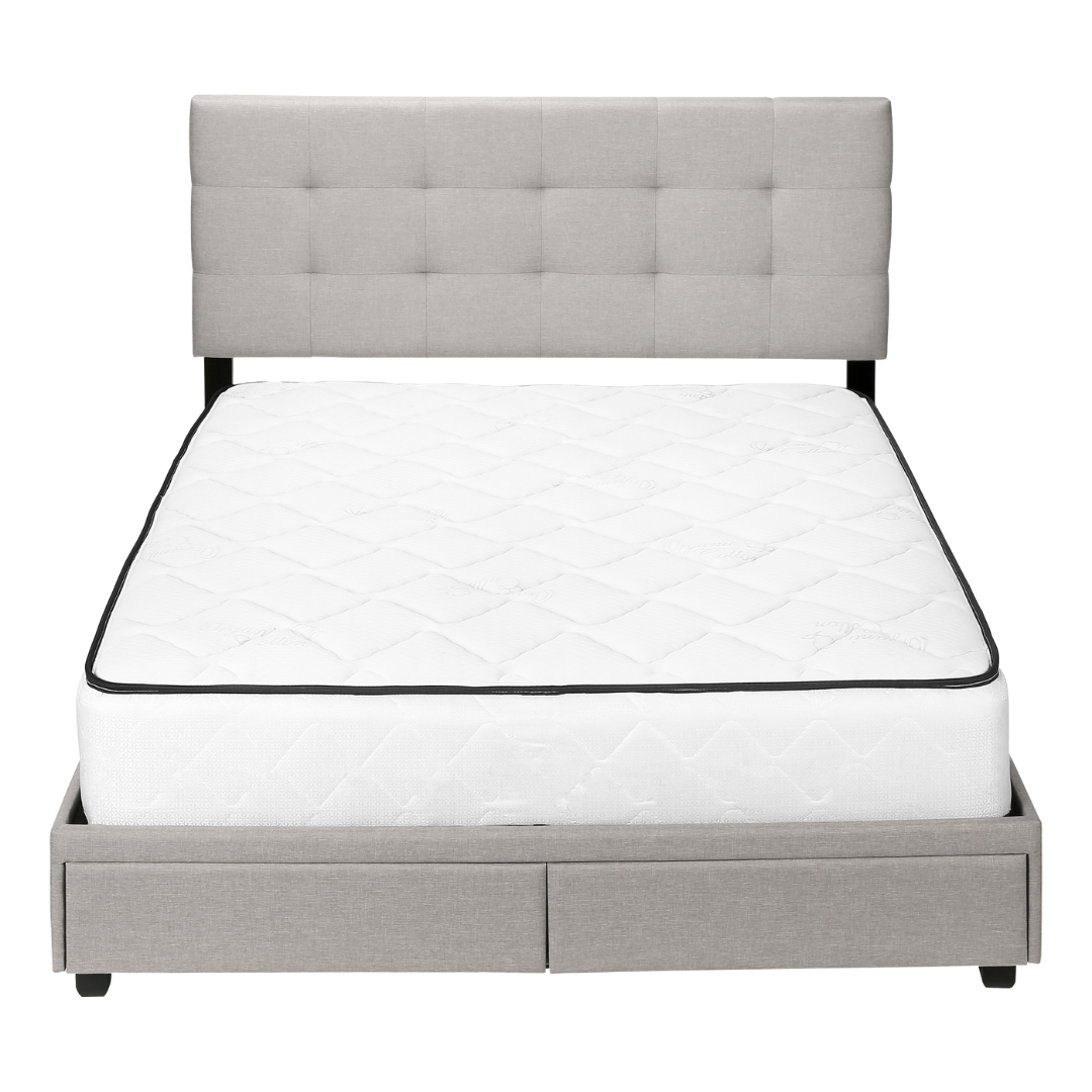 Storian – Lit Queen – Tissu (Lin gris) + 2 tiroirs de rangement