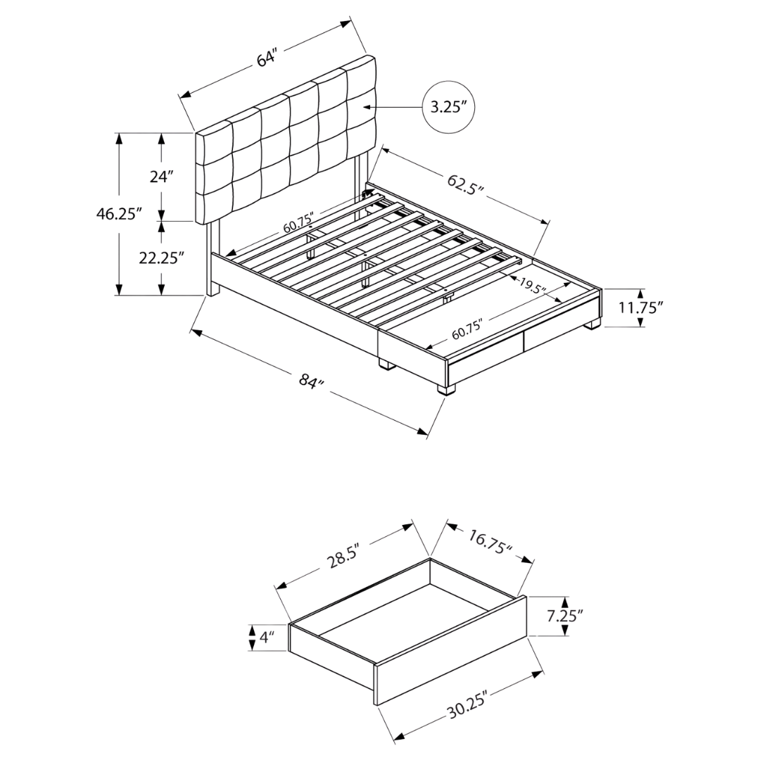 Storian – Lit Queen – Tissu (Lin gris) + 2 tiroirs de rangement
