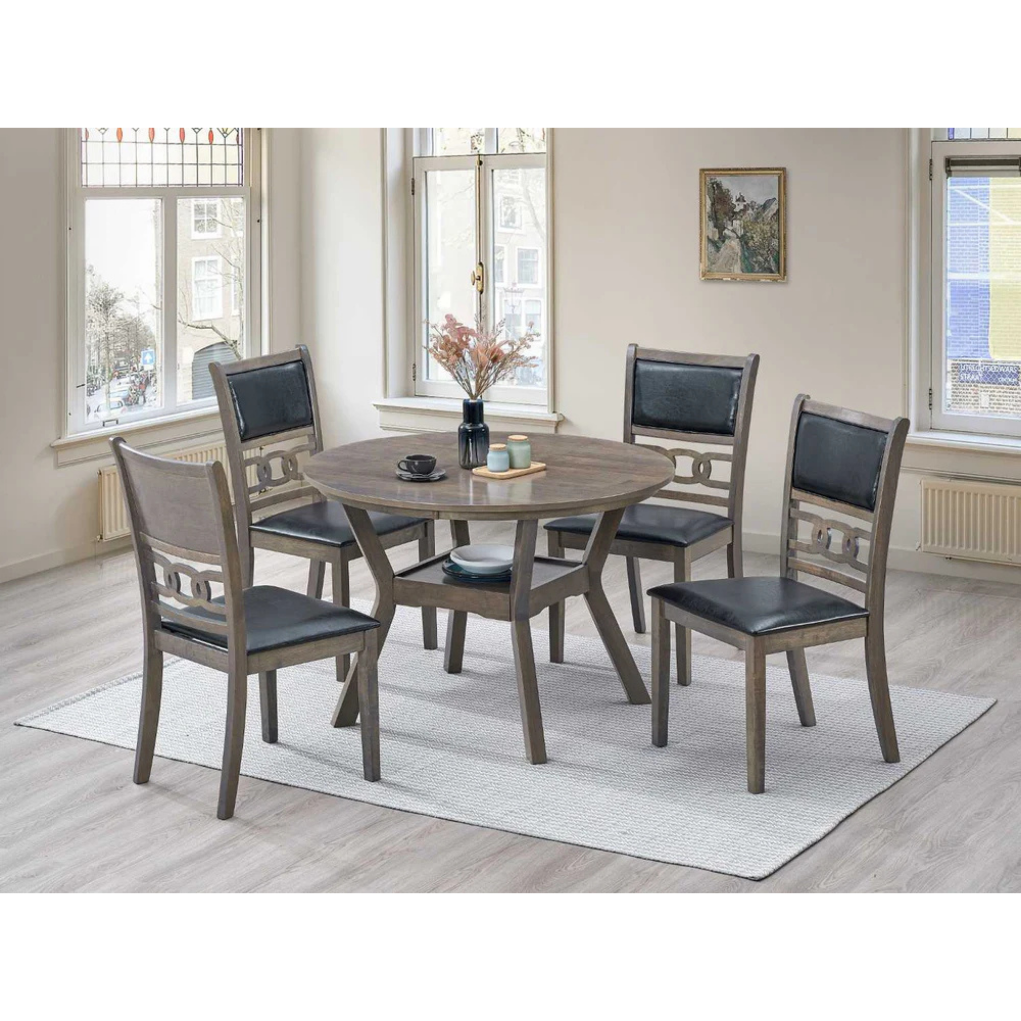 Antique Grey Round Dining Table with 4 Black PU Chairs T-1079 / C-1083