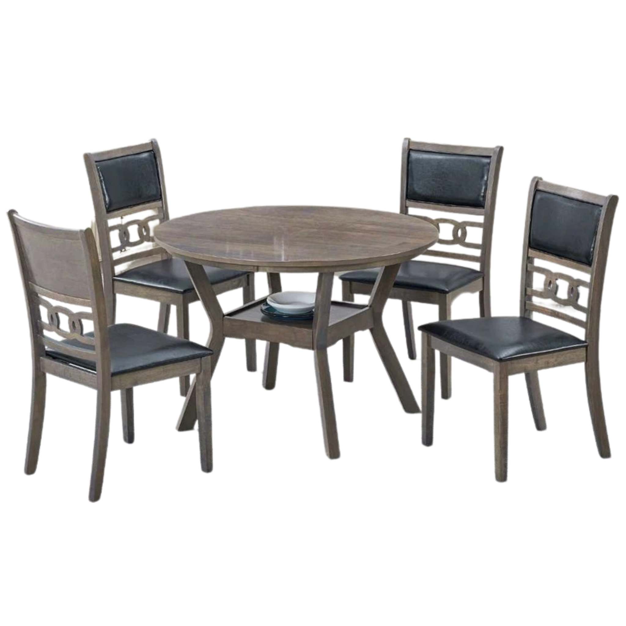 Antique Grey Round Dining Table with 4 Black PU Chairs T-1079 / C-1083