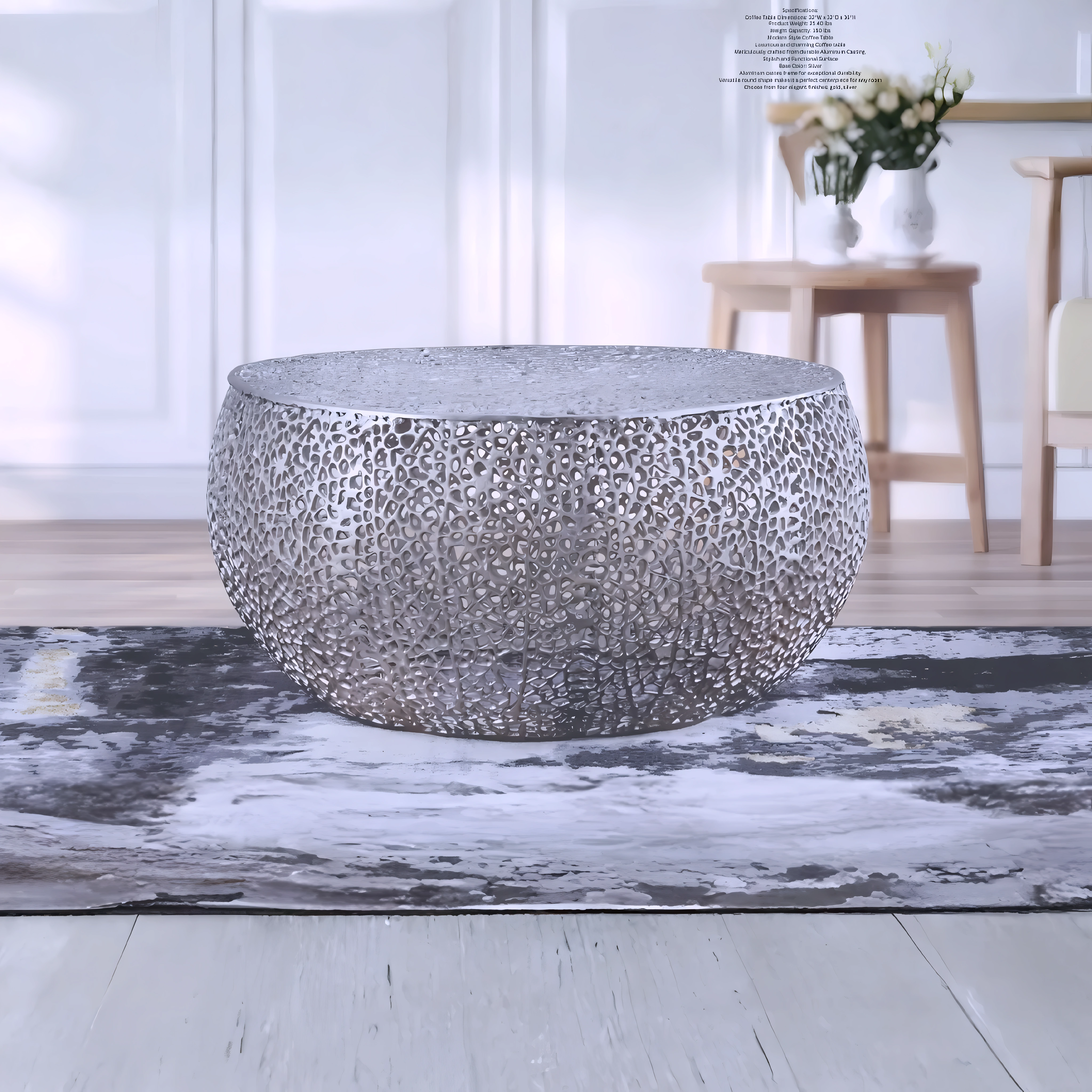 Varello – Table basse ronde en métal tressé – Argent