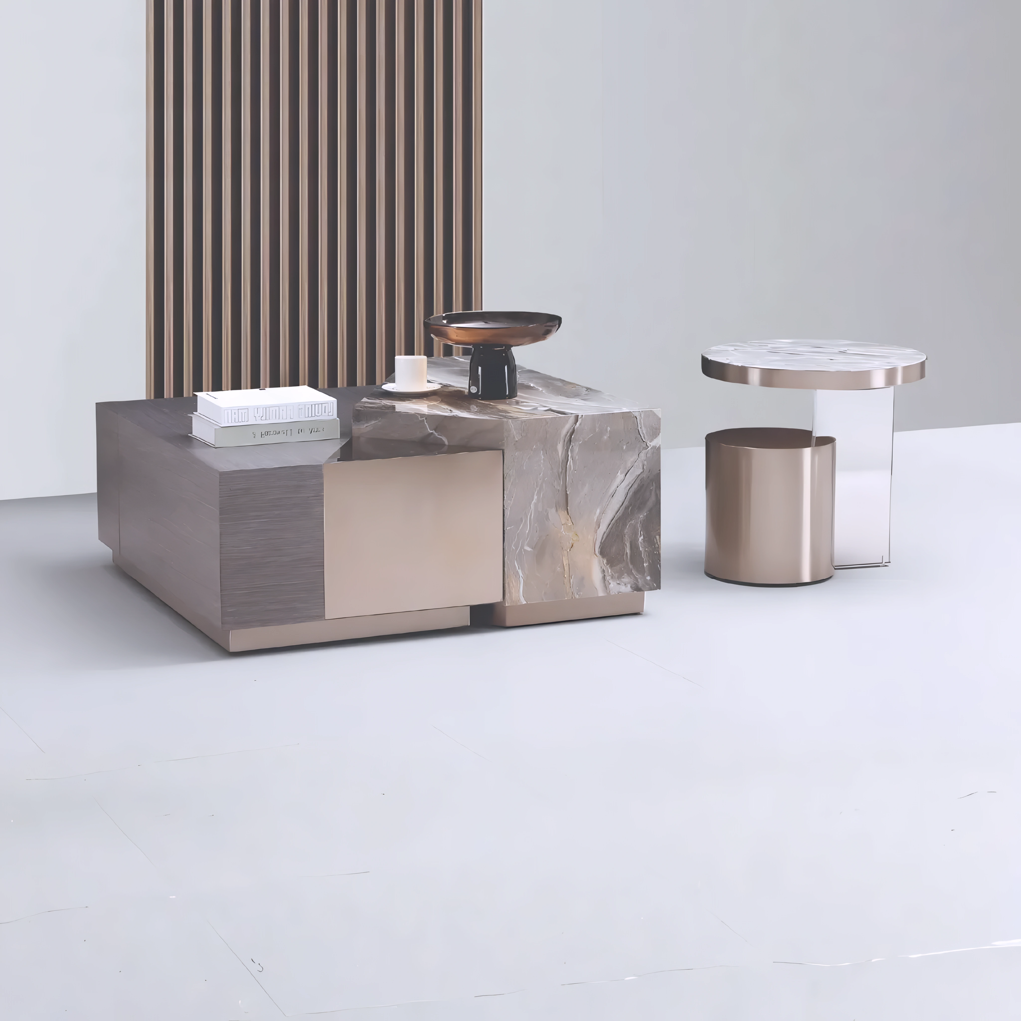 Tavalon – Table basse et table d'appoint en marbre – Piètement en laiton et acrylique