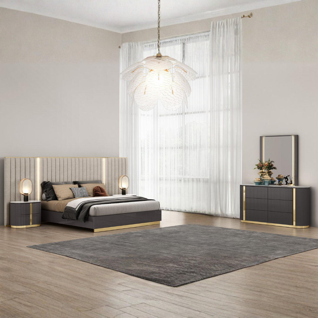 Ensemble chambre king Tivaron 6 pièces graphite or titane avec tête de lit LED et dessus céramique – Montréal