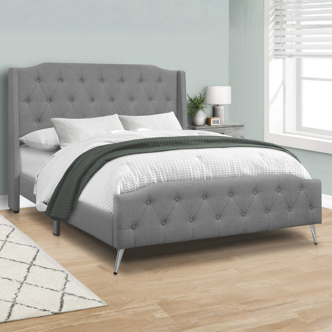 Wingford – Lit Queen – Tissu (Lin gris) + Pieds chromés